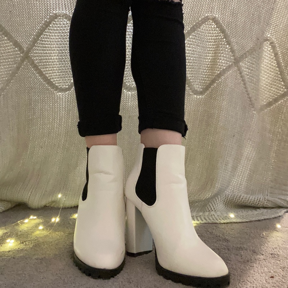 White and Black Heeled Booties